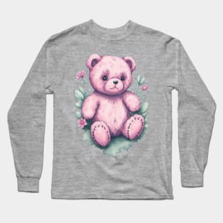 Pink Teddy Bear around Flowers: Scattered Watercolor in Pastel Colors Long Sleeve T-Shirt